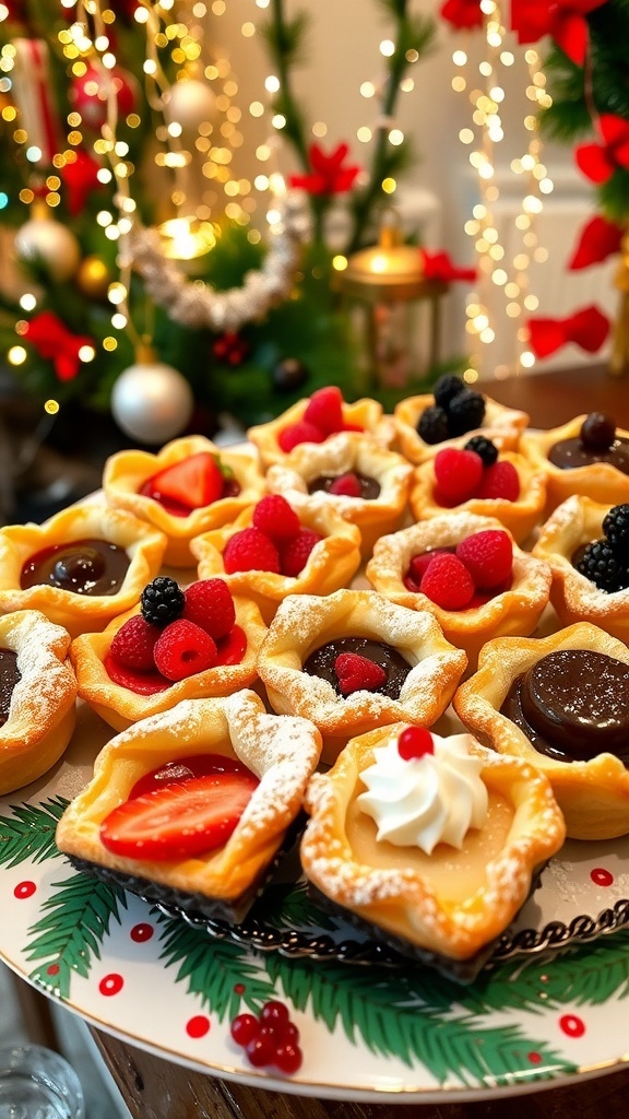 Assorted puff pastry desserts including fruit tarts and chocolate pastries, garnished with powdered sugar and berries on a festive platter.